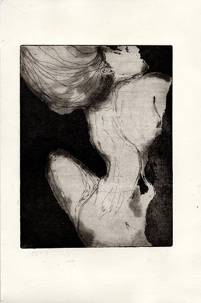 Etching, aquatint and drypoint by Alice Dote depicting a reclining nude figure seen from behind against a dark background.