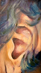 Oil painting by Alice Dote depicting a close-up of a human ear partly covered by loose strands of blue and dark hair.