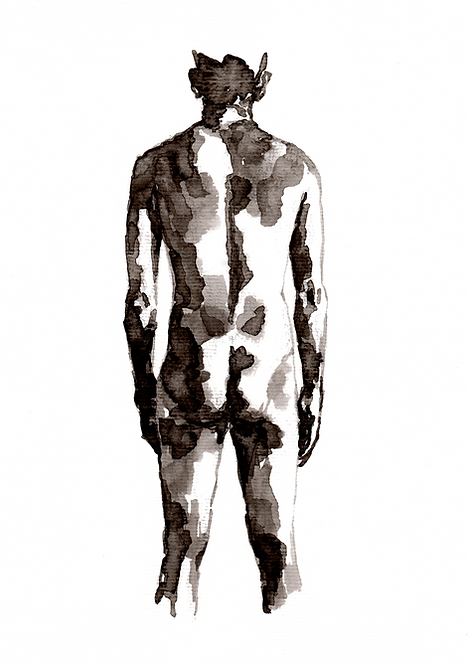Ink drawing by Alice Dote depicting a back nude male figure, rendered with loose black lines and brushstrokes on white paper.