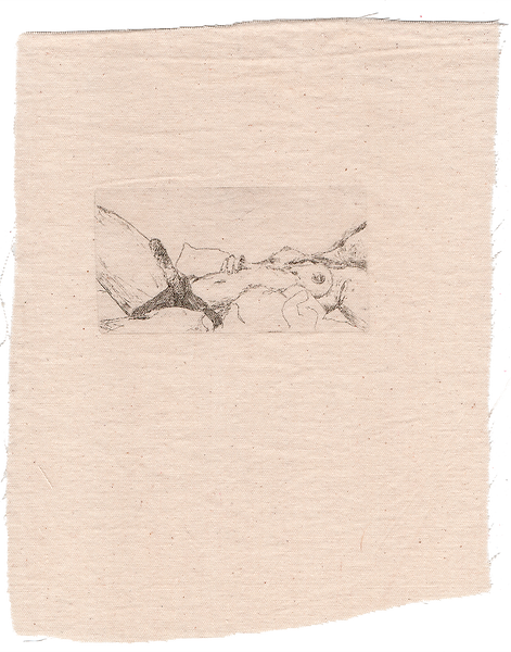 Two small etching and drypoint works by Alice Dote printed on raw fabric, depicting a reclining nude figure and a close-up of an ear.