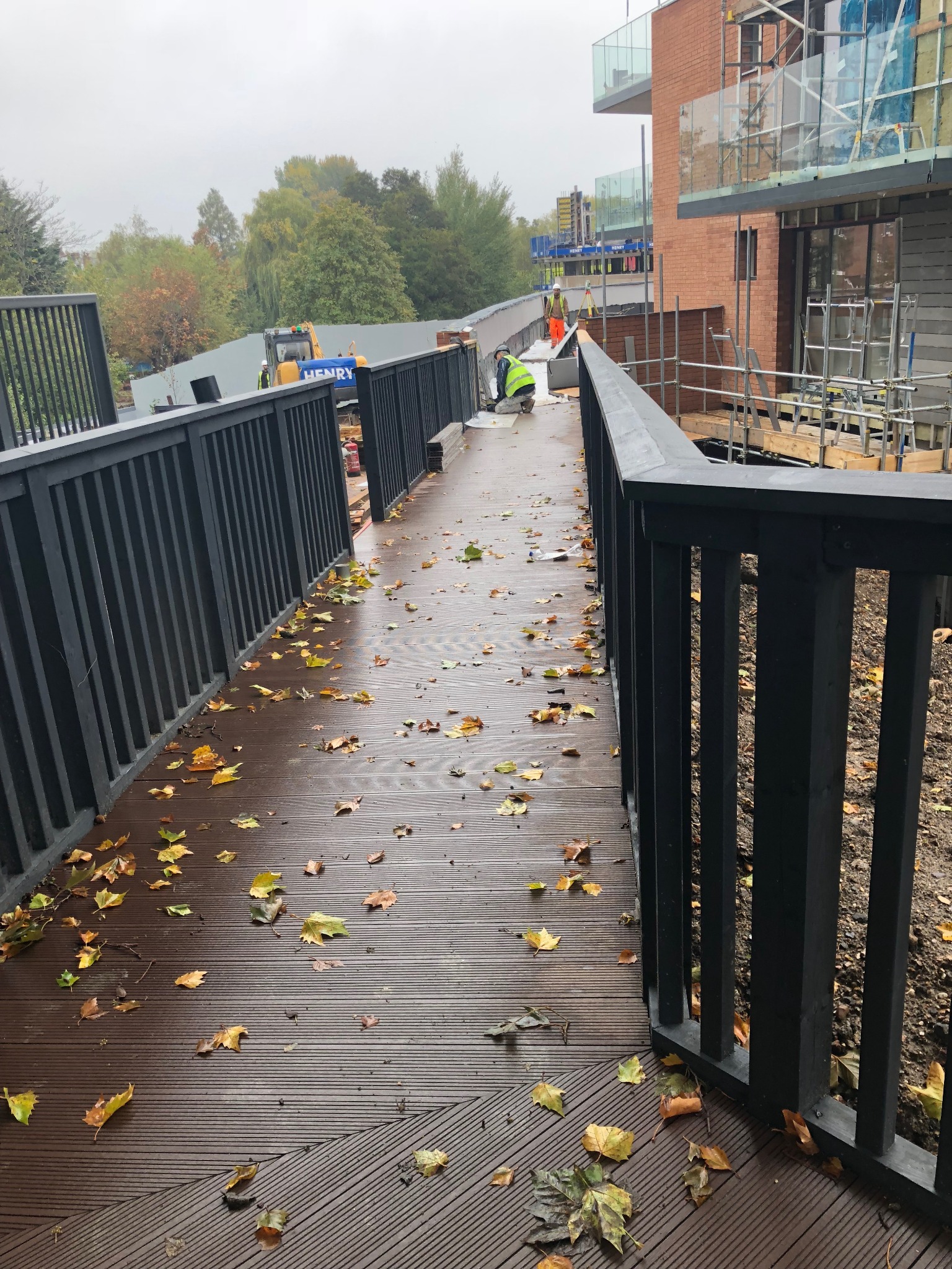 Completed timber framed bridge in the sales area, Reading Riverside