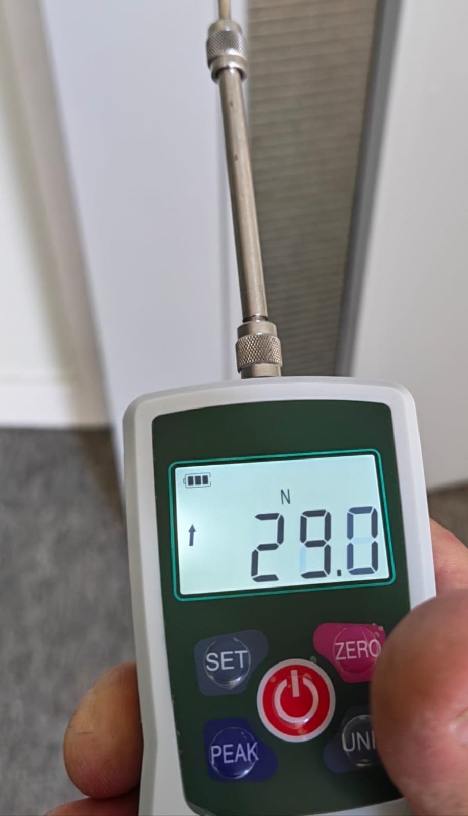 Door-force measurement recorded on a digital gauge, Radcliff Court