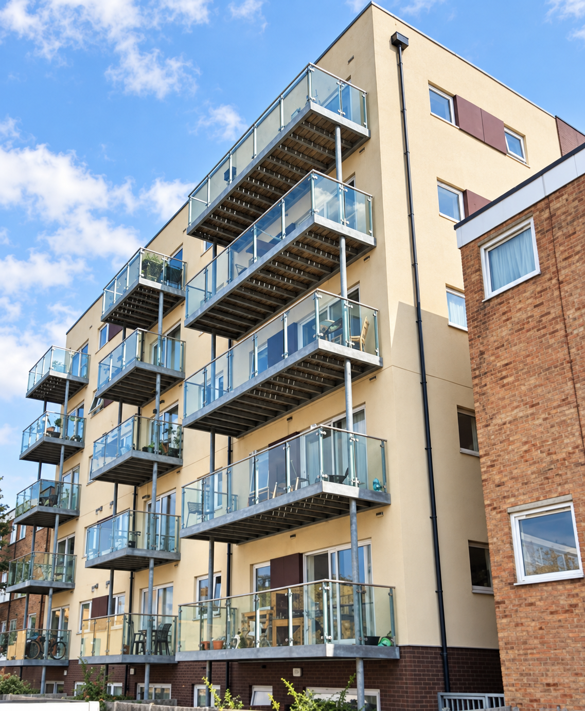Radcliff Court exterior with glass-fronted balconies; presentation-enhanced photograph