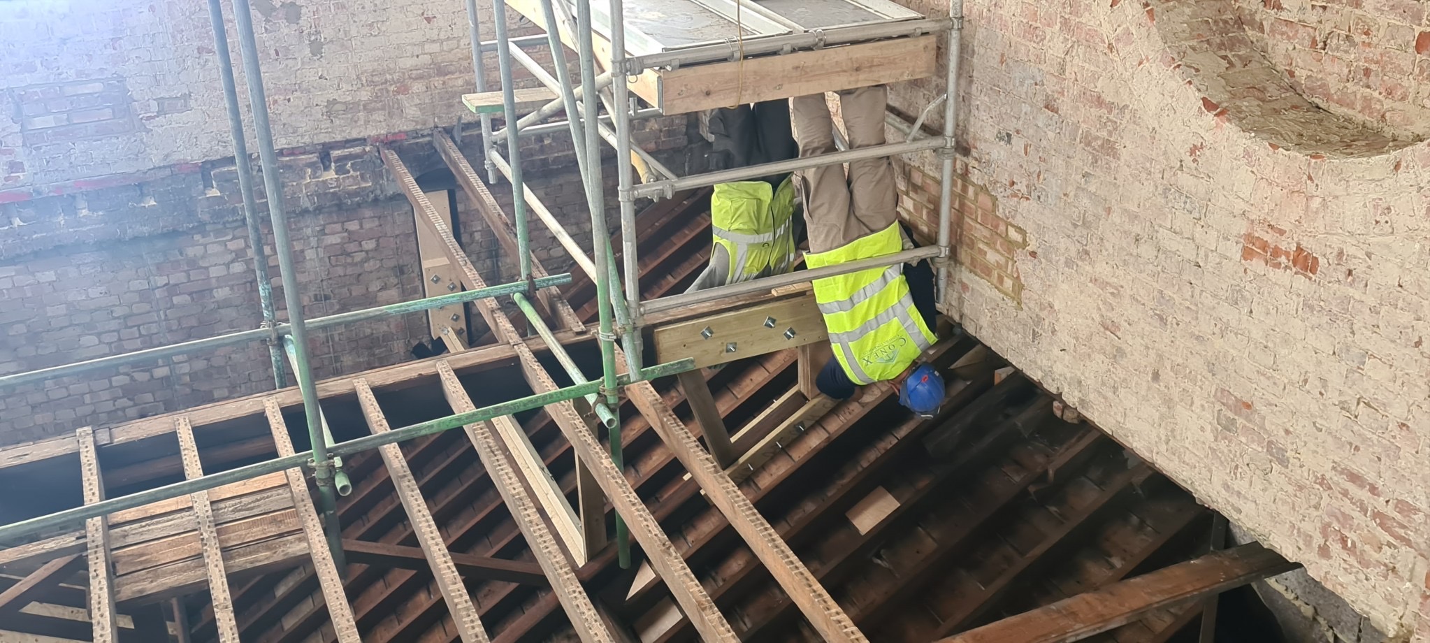 Truss repair works at an end wall, Cambridge Military Hospital