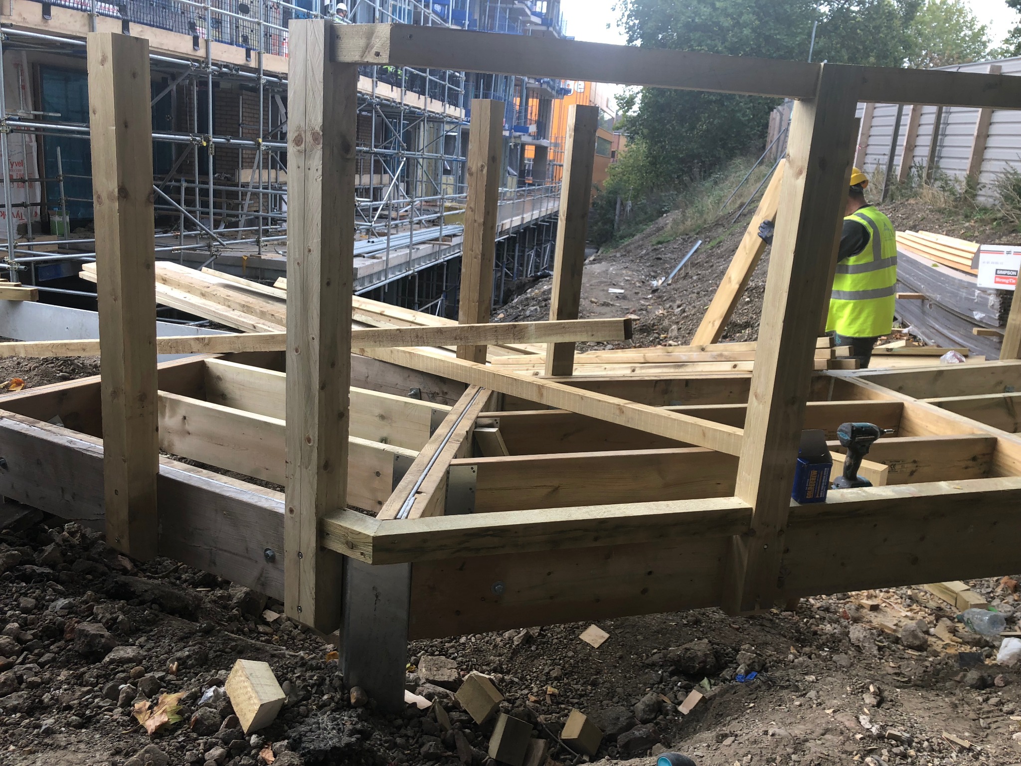 Timber framed bridge during construction, Reading Riverside