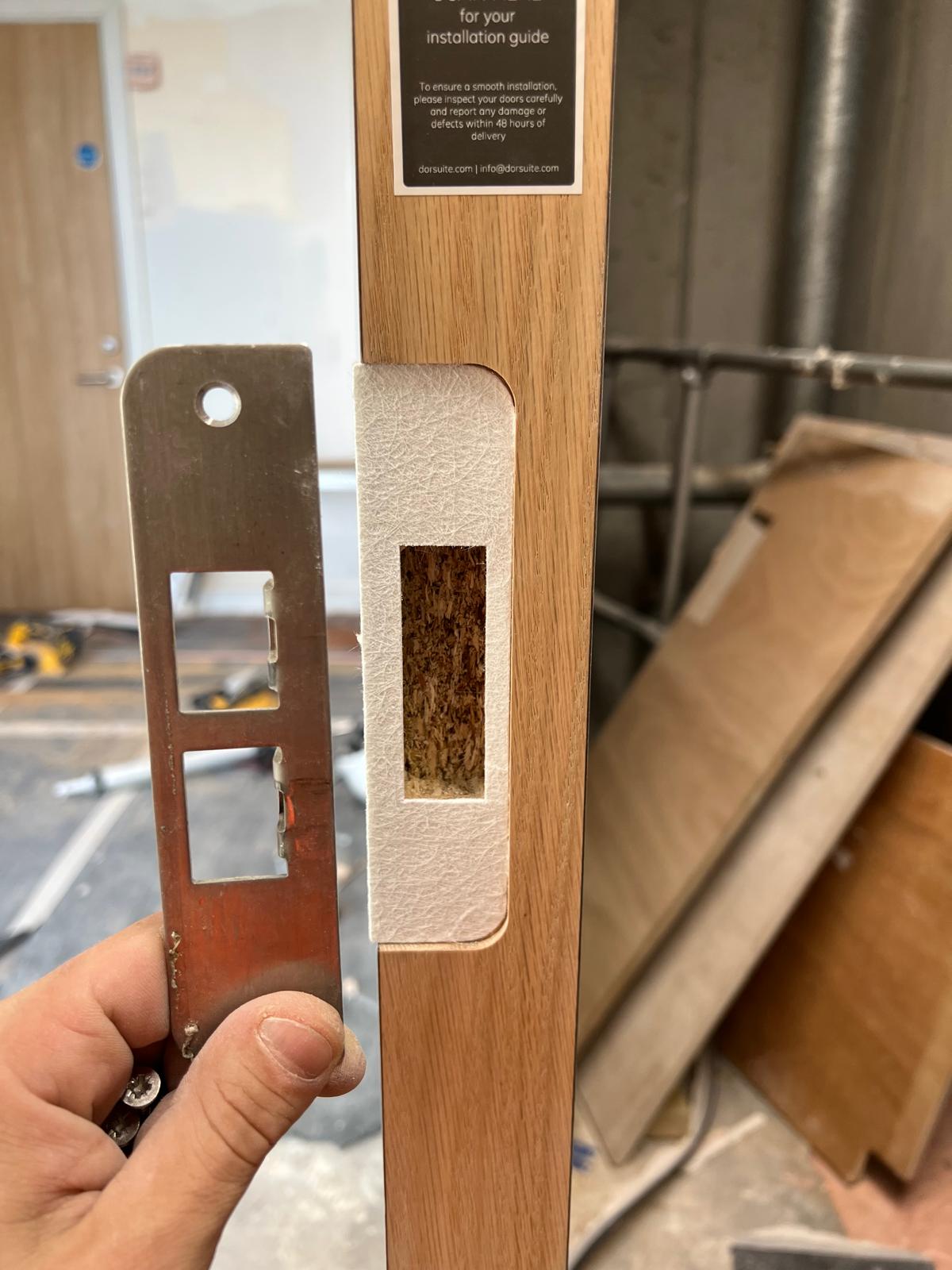 Strike plate and door-edge recess during preparation, Paragon Estate
