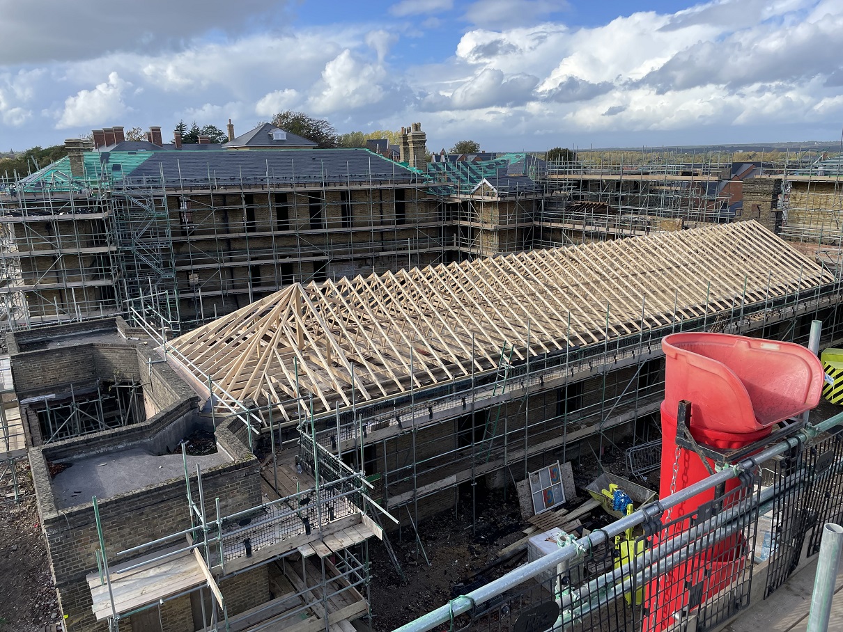 Phase 2b Block B4 roof trusses and site scaffolding, Cambridge Military Hospital