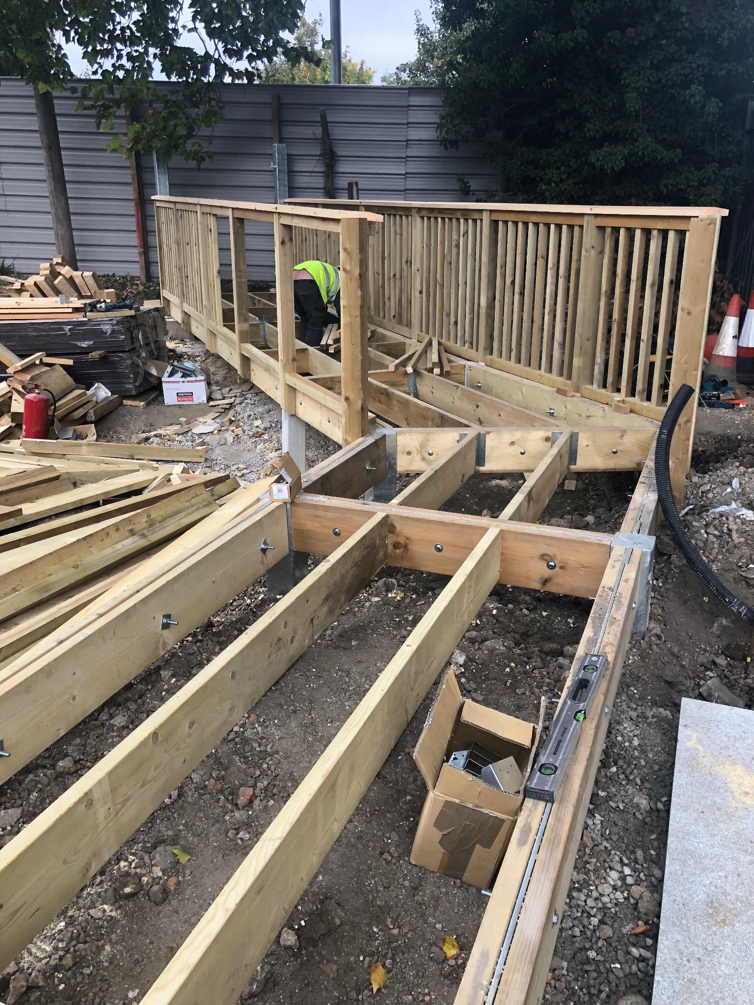 Timber bridge framing and balustrade during installation, Reading Riverside