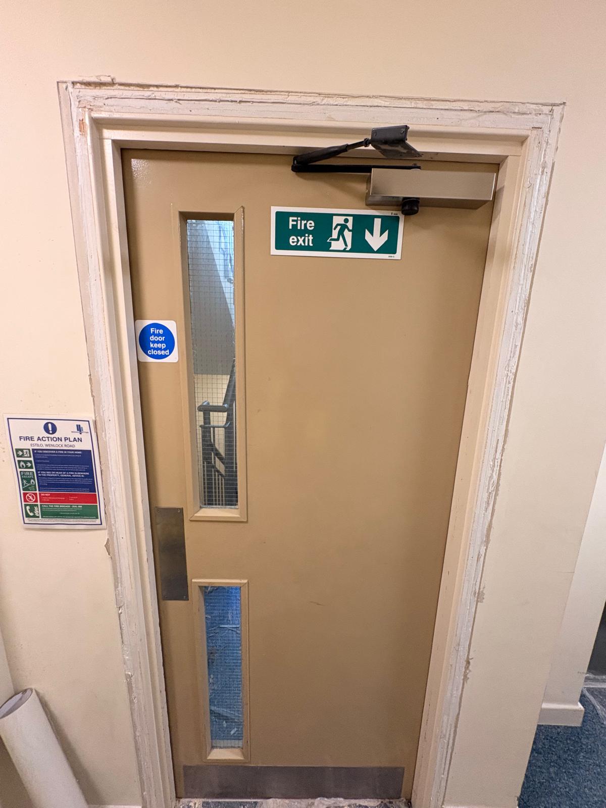 Communal door with overhead closer, Wenlock Road