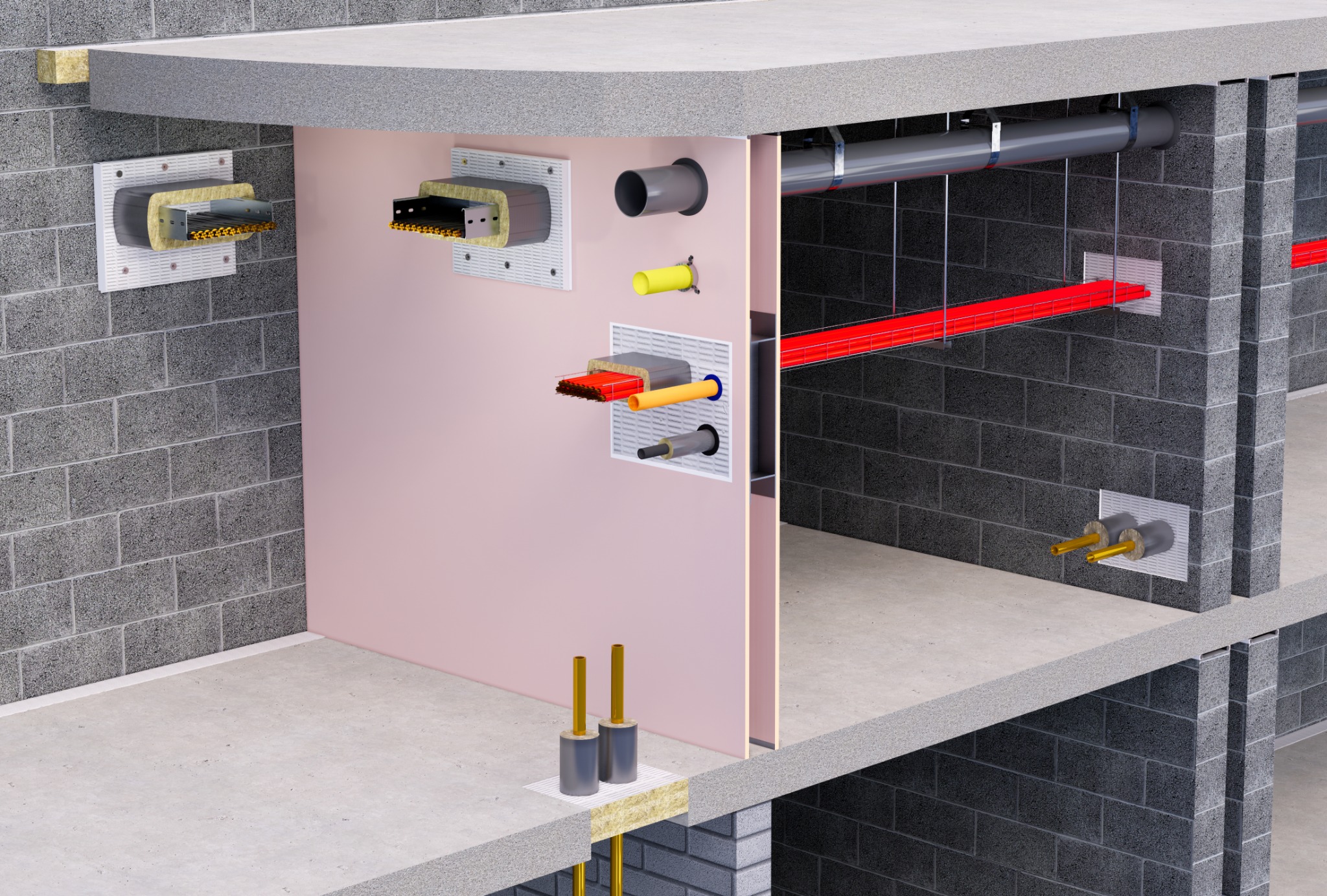 Illustration of firestopping around cable, pipe and floor service penetrations