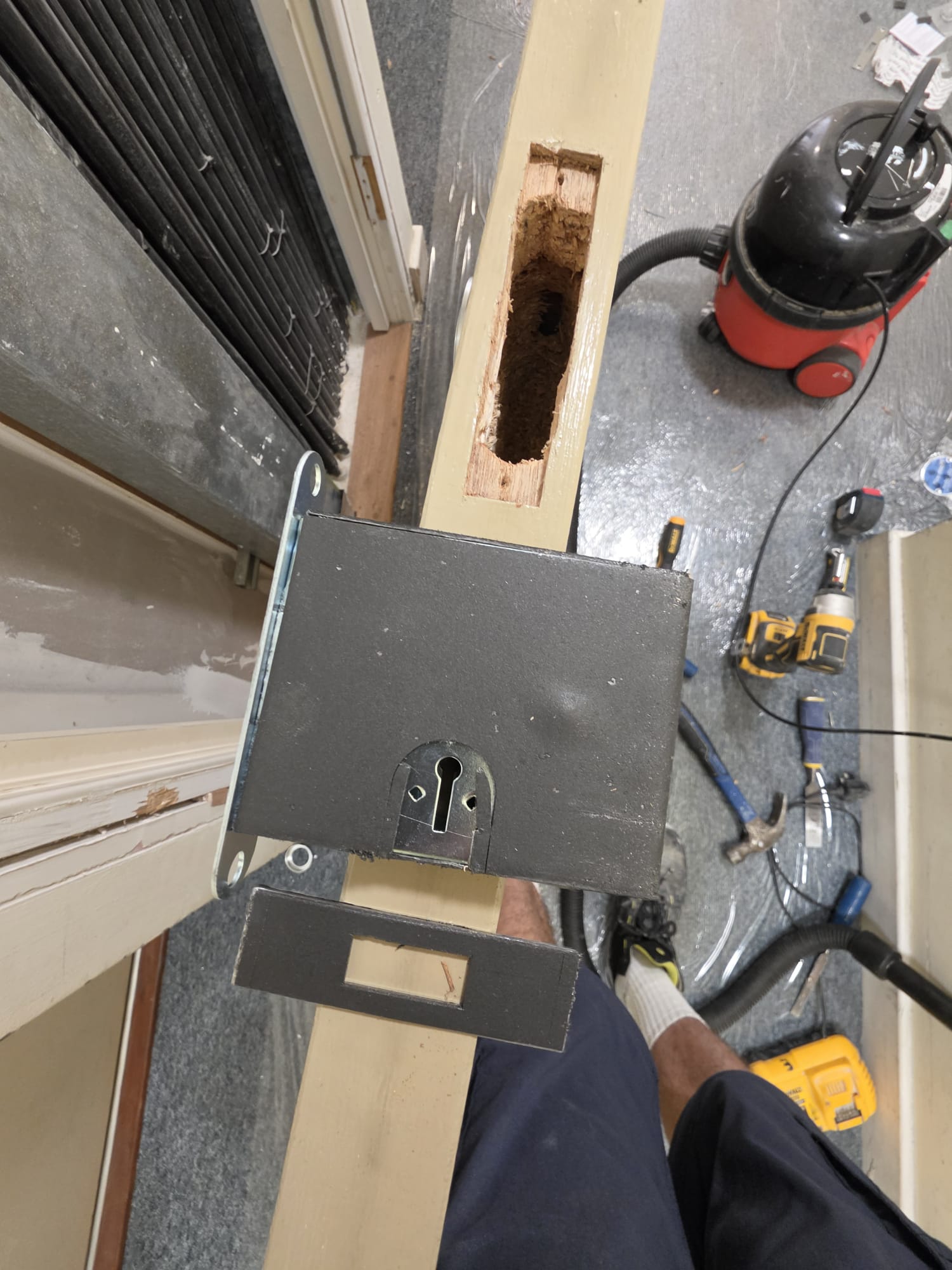 Mortise lock preparation during maintenance, Wenlock Road