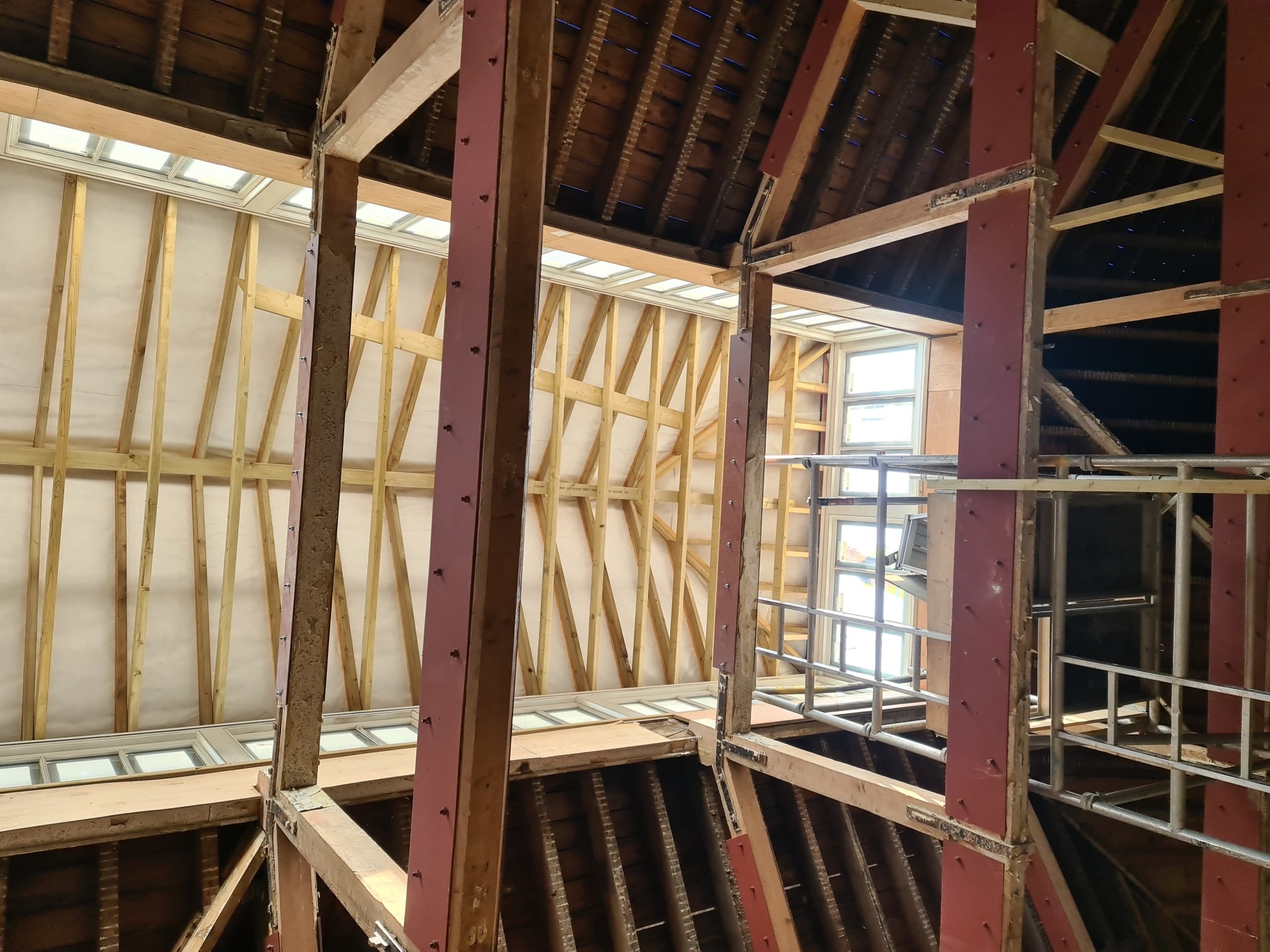 Timber roof and steel framing above the access scaffold, Cambridge Military Hospital
