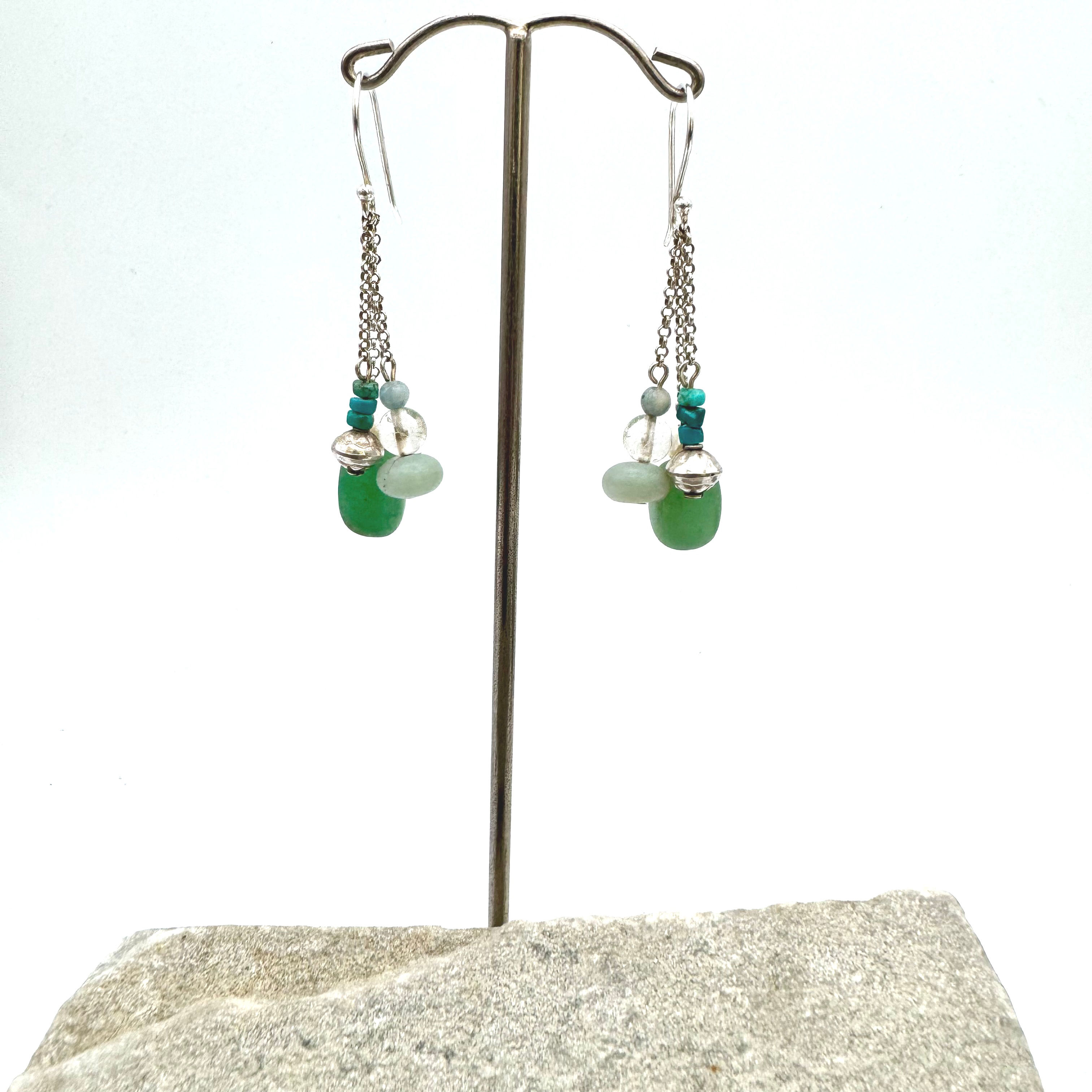 Handmade Aventurine, Amazonite, and Silver Bead “Treasure” Earrings
