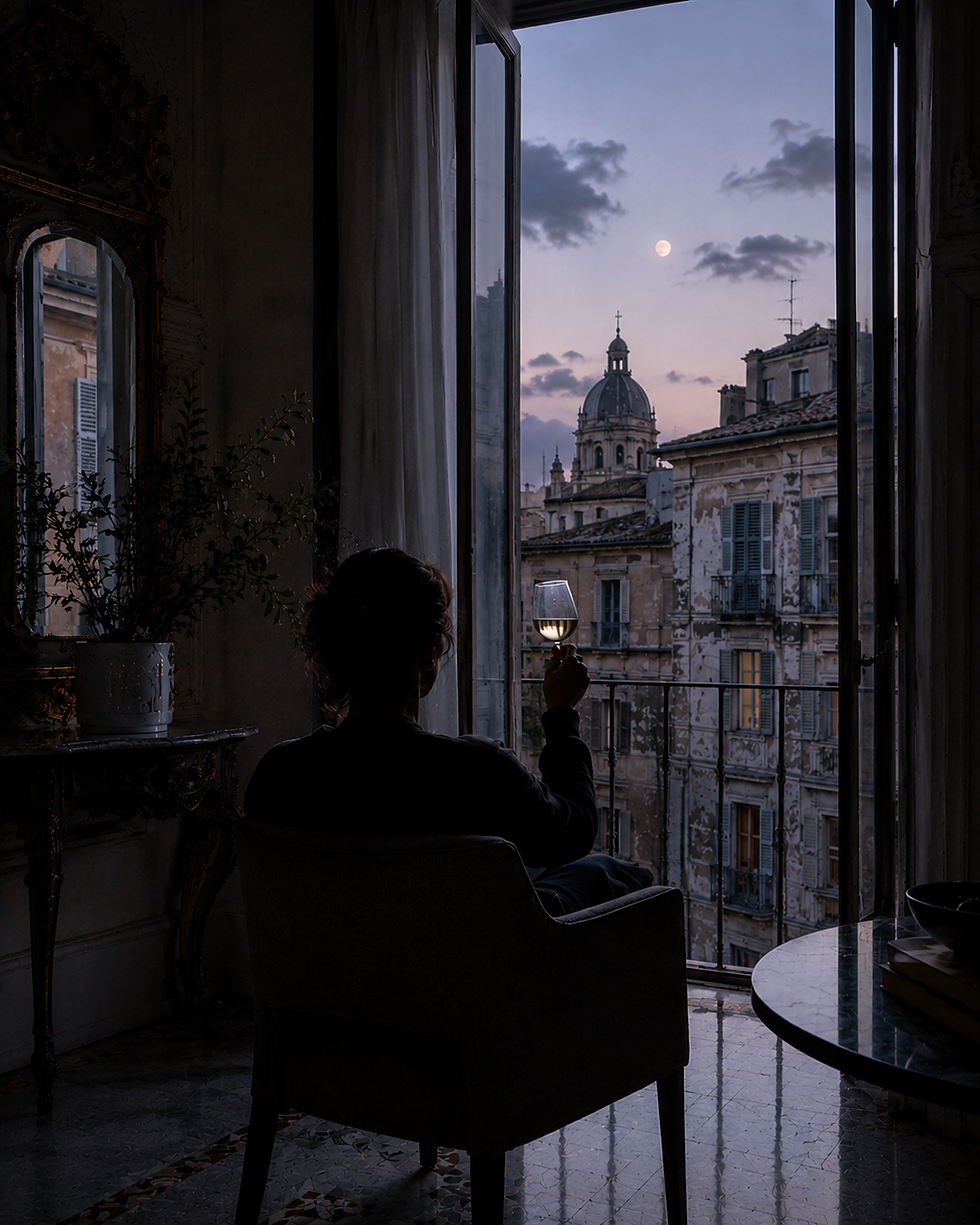 Silhouette einer Person mit Weinglas am offenen Fenster, Blick auf Abendhimmel, Mond und historische Häuser.