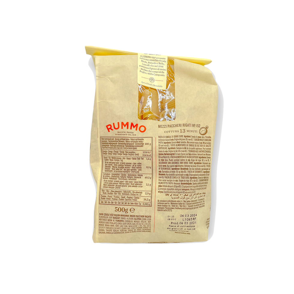 Miniaturbild: Rückansicht 500g Packung Rummo Mezzi Paccheri Rigati No. 152 – kurze, sehr breite und geriffelte Röhrenpasta.