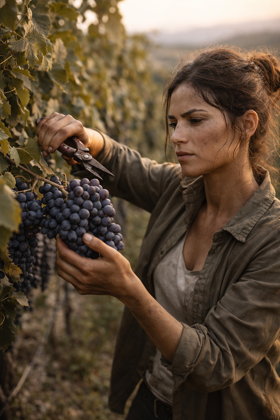 Eine Frau schneidet in den Weinbergen Weintrauben ab.