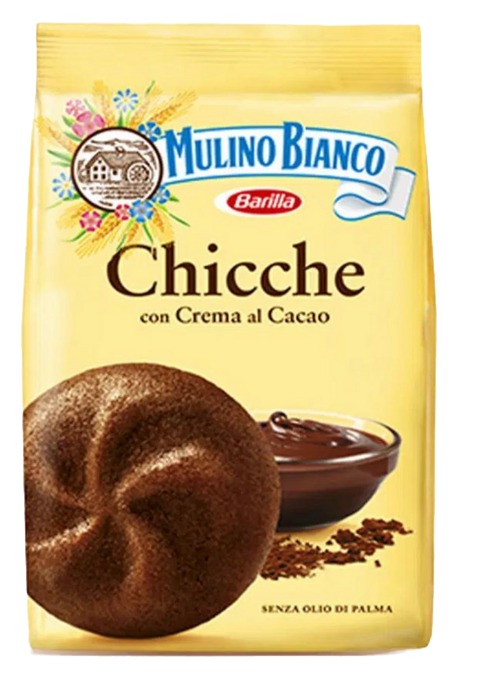Packung Mulino Bianco Chicce Cacao – Italienische Kekse mit Schokoladencremefüllung.