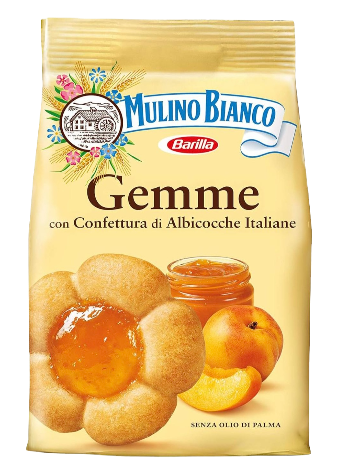 Packung Mulino Bianco Gemme – Italienisches Mürbegebäck mit Aprikosenfüllung.