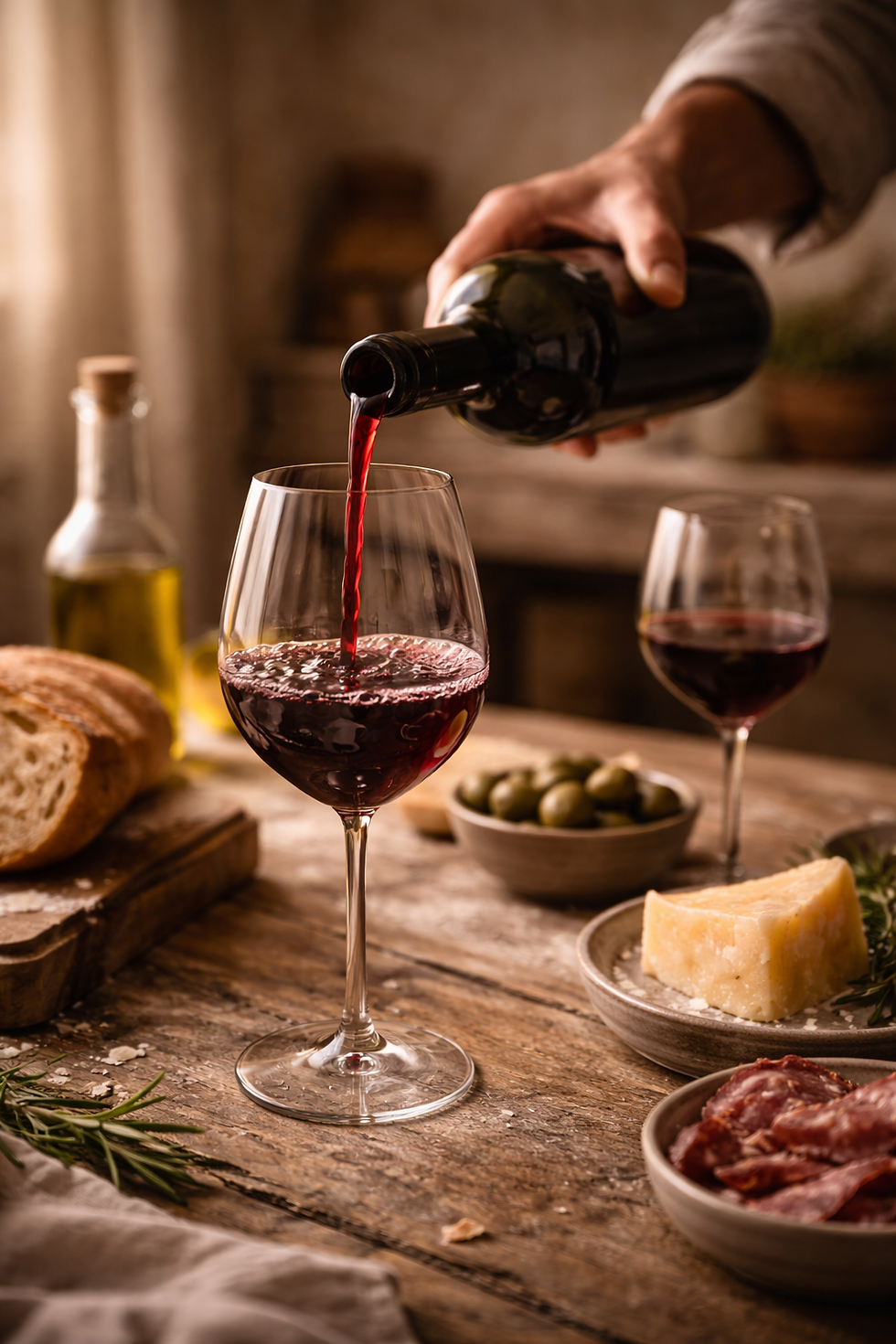 Rotwein wird in ein Glas gegossen auf rustikalem Tisch mit Brot, Käse, Oliven und Salami, warmes Licht.