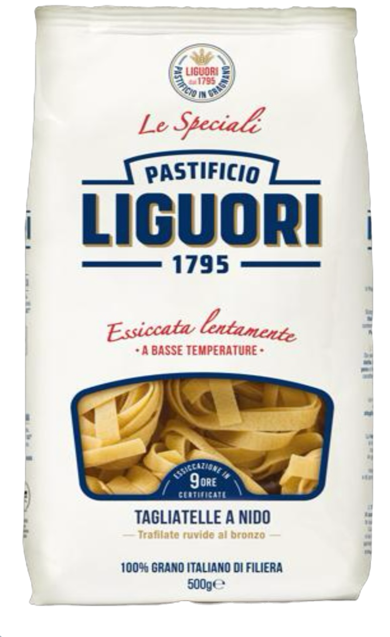 500g Packung Pastificio Liguori Tagliatelle a Nido – traditionelle Bandnudeln aus Gragnano mit I.G.P. Siegel.