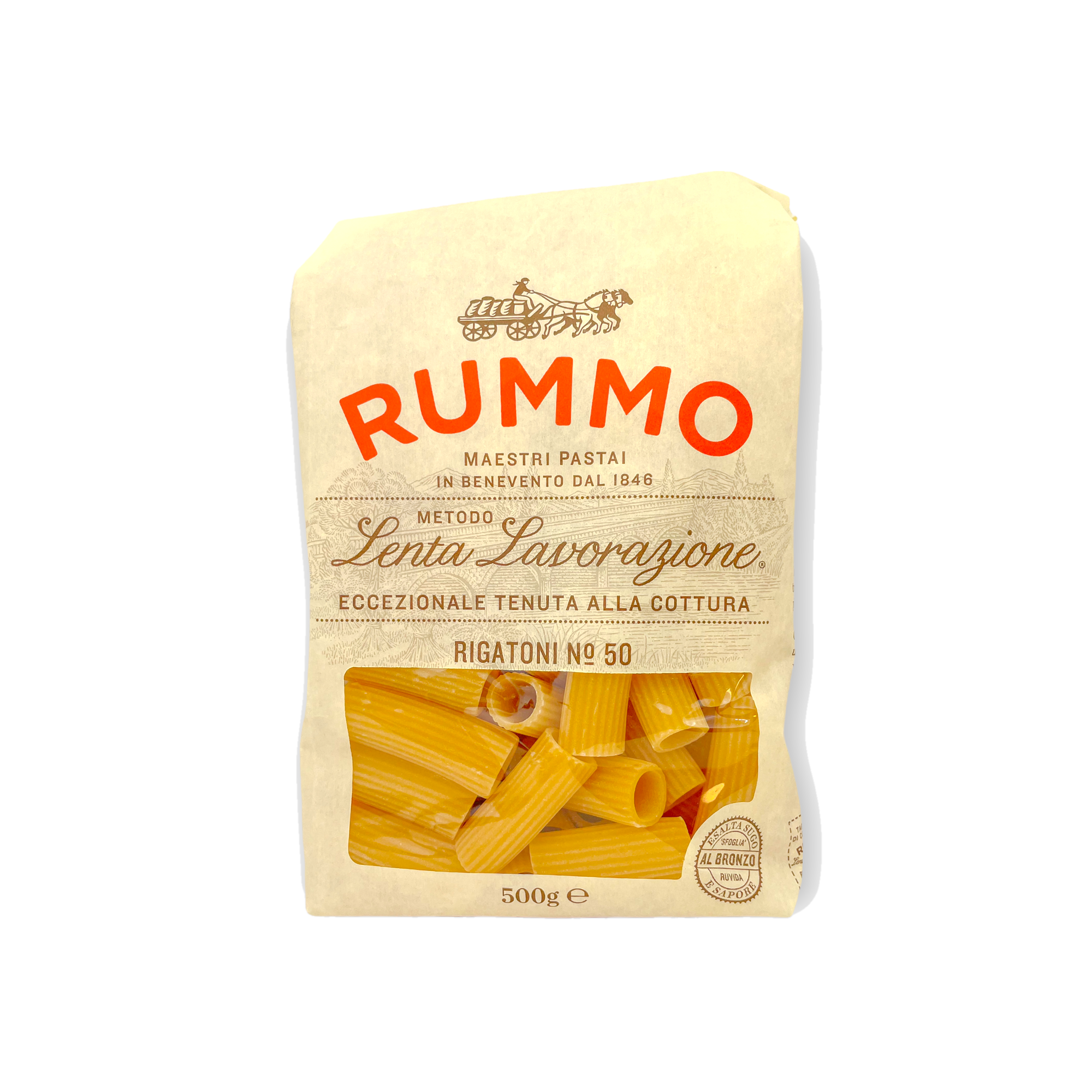 Vorderseite 500g Packung Rummo Rigatoni No. 50 – große, geriffelte Röhrennudeln.