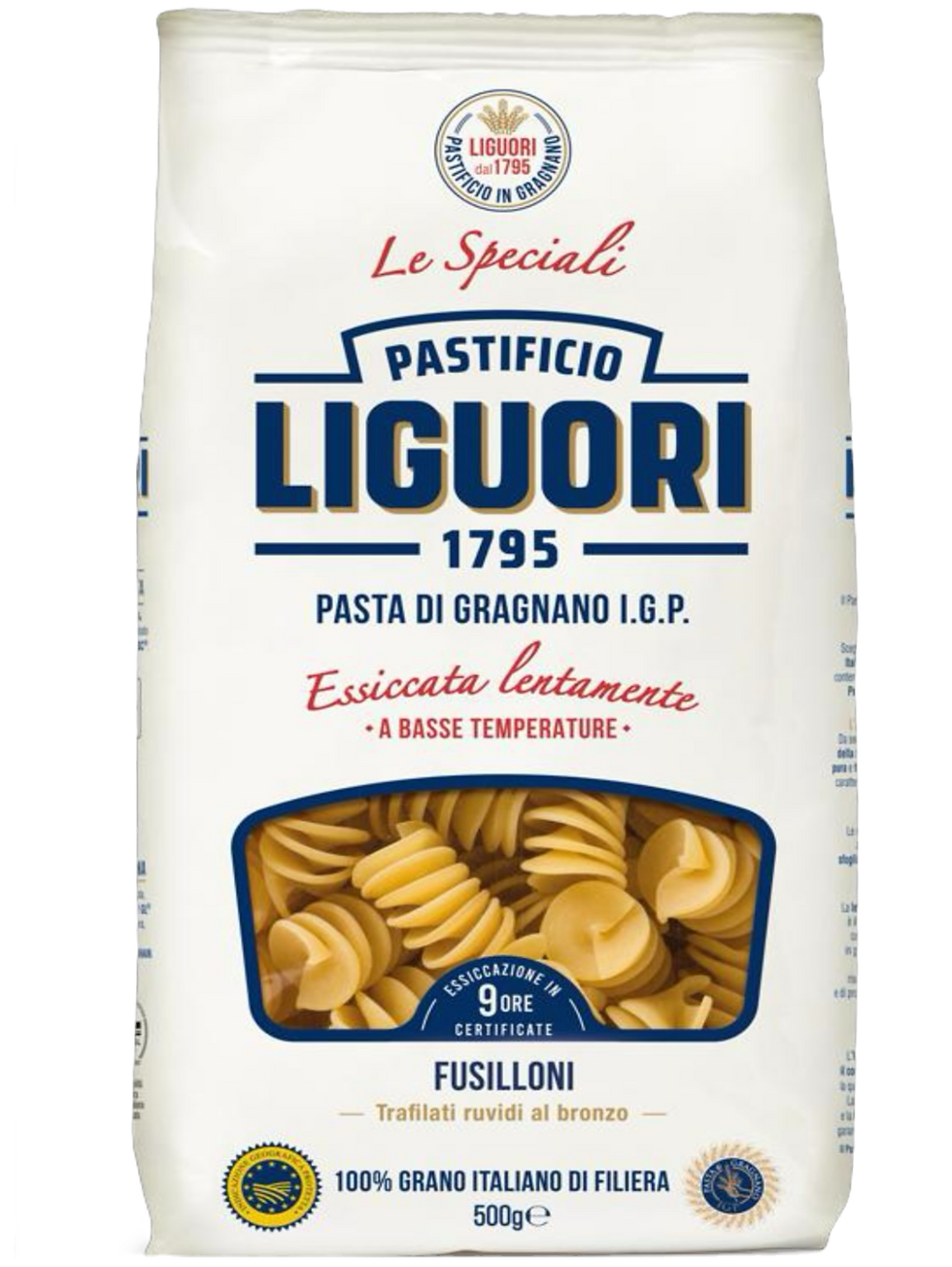500g Packung Pastificio Liguori Fusilloni – extragroße Spiralnudeln aus Gragnano mit I.G.P. Siegel und rauer Oberfläche.