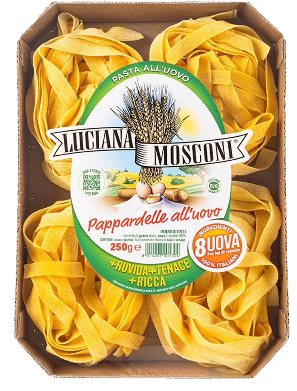500g Packung Luciana Mosconi Pappardelle all'Uovo – breite, traditionelle Eiernudeln aus den Marken.