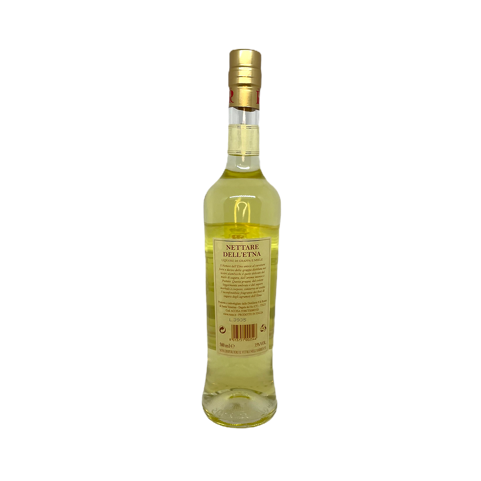 Rückansicht 500ml Flasche Russo Siciliano Nettare dell'Etna – goldfarbener Grappa-Likör mit echtem Honig vom Ätna.