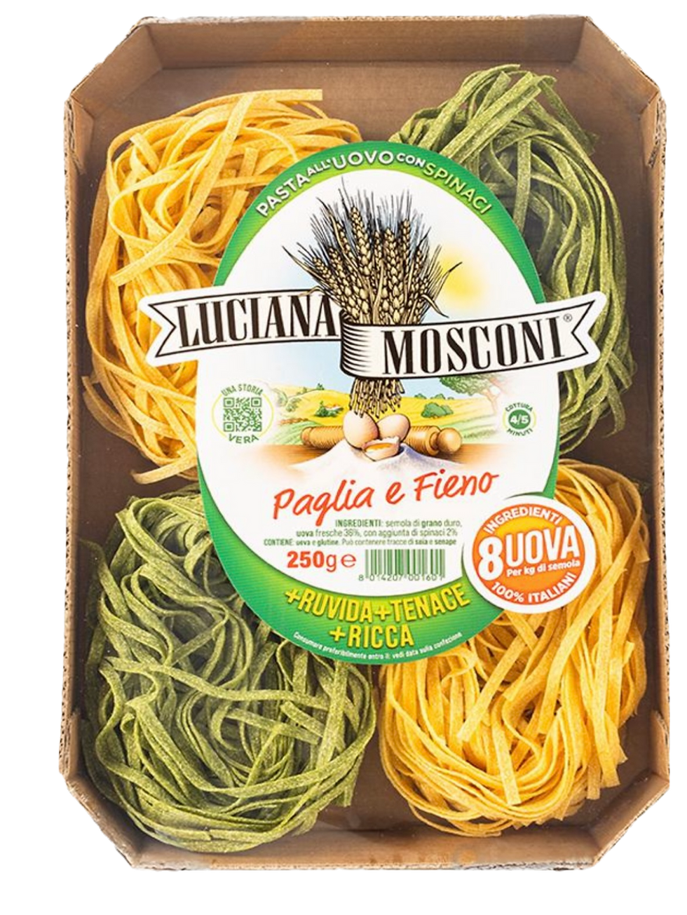 500g Packung Luciana Mosconi Paglia e Fieno all'Uovo – gelbe und grüne (Spinat) Eiernudeln aus Gragnano/Marken.