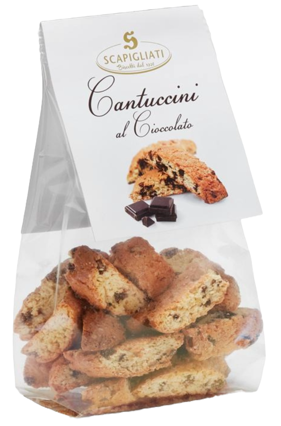 200g Packung Scapigliati Cantuccini mit Schokoladenstückchen – traditionelles toskanisches Gebäck.