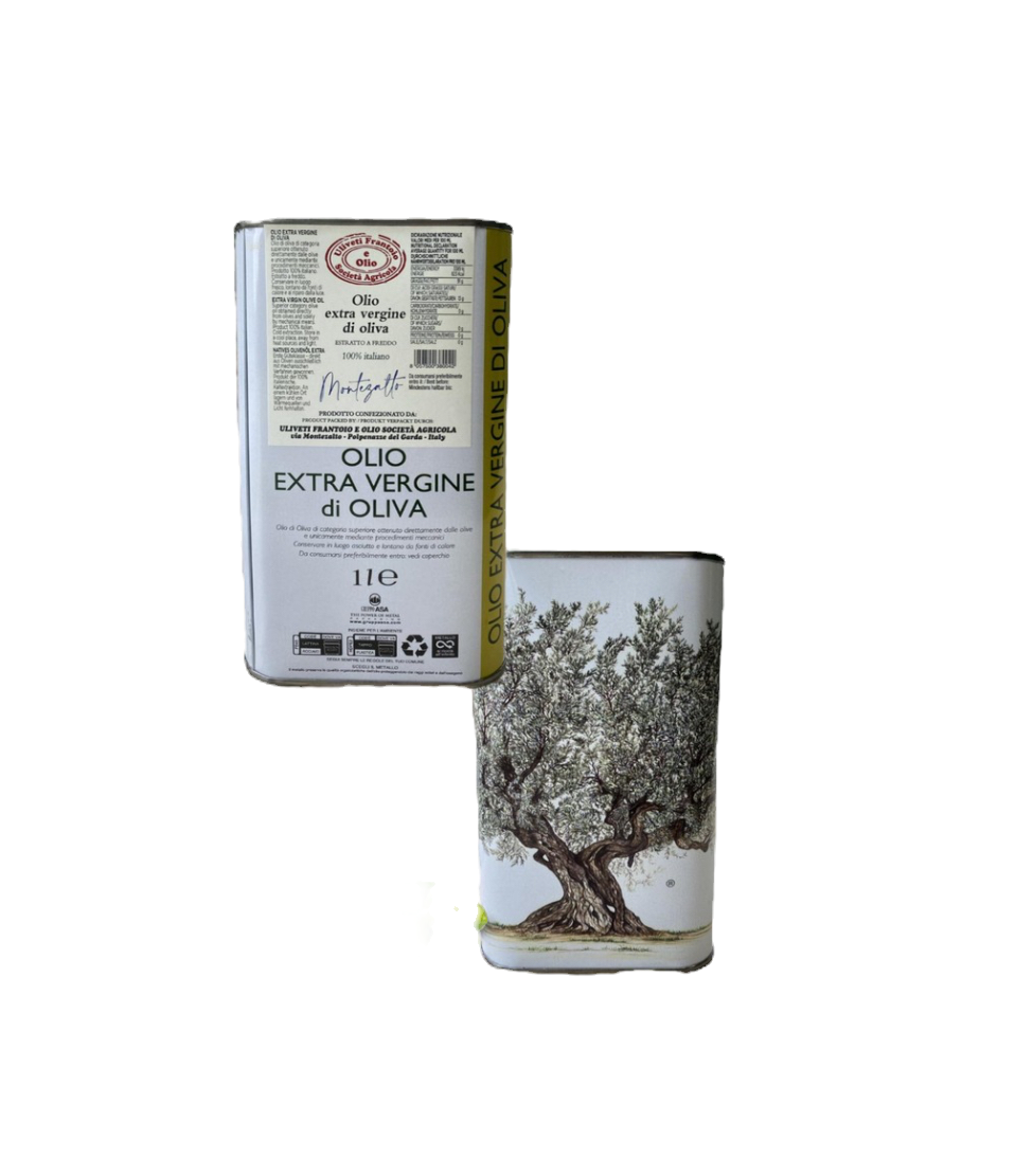 1 Liter Schmuckdose mit Olivenöl Extra Vergine vom Gardasee – dekorative italienische Metalldose mit Olivenmotiv.