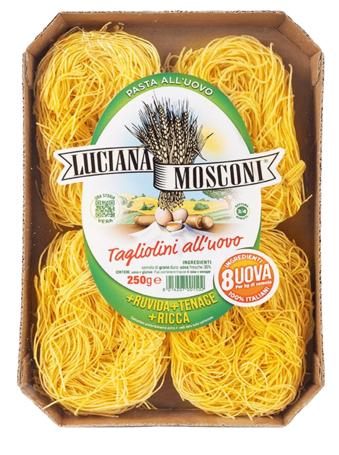500g Packung Luciana Mosconi Tagliolini all'Uovo – hauchdünne, traditionelle Eiernudeln aus den Marken.