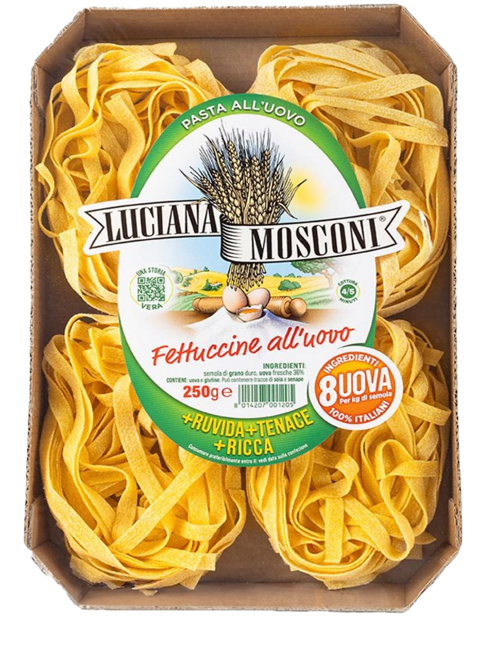 500g Packung Luciana Mosconi Fettuccine all'Uovo – traditionelle italienische Eiernudeln mit rauer Sfoglia.