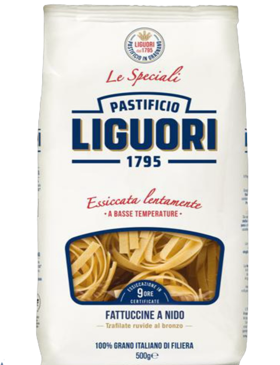 500g Packung Pastificio Liguori Fettuccine a Nido – feine Bandnudeln in Nestform aus Gragnano mit I.G.P. Siegel.