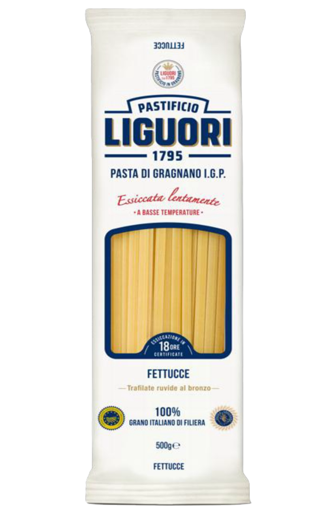 500g Packung Pastificio Liguori Fettucce – breite, flache Bandnudeln aus Gragnano mit I.G.P. Siegel.