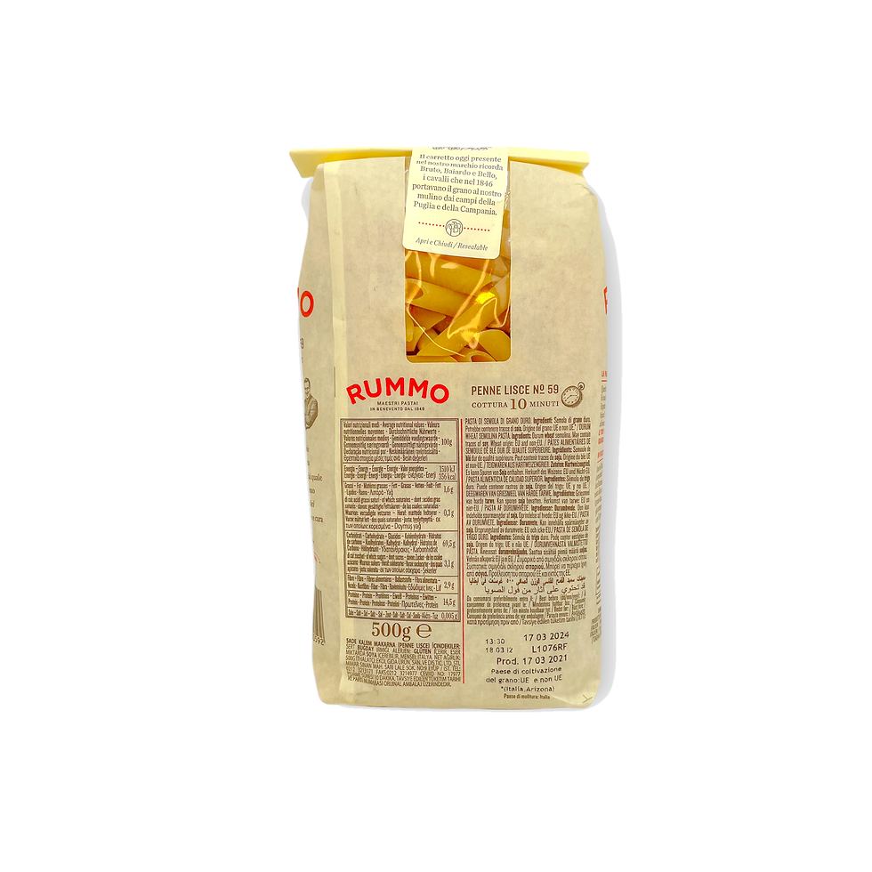 Miniaturbild: Rückseite 500g Packung Rummo Penne Lisce No. 59 – glatte italienische Röhrennudeln aus Hartweizen.