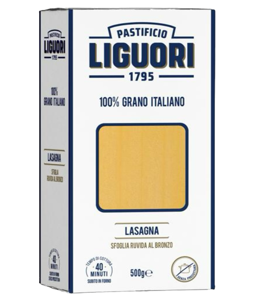 500g Packung Pastificio Liguori Lasagneplatten – raue Teigblätter aus Gragnano mit I.G.P. Siegel für perfekten Halt.