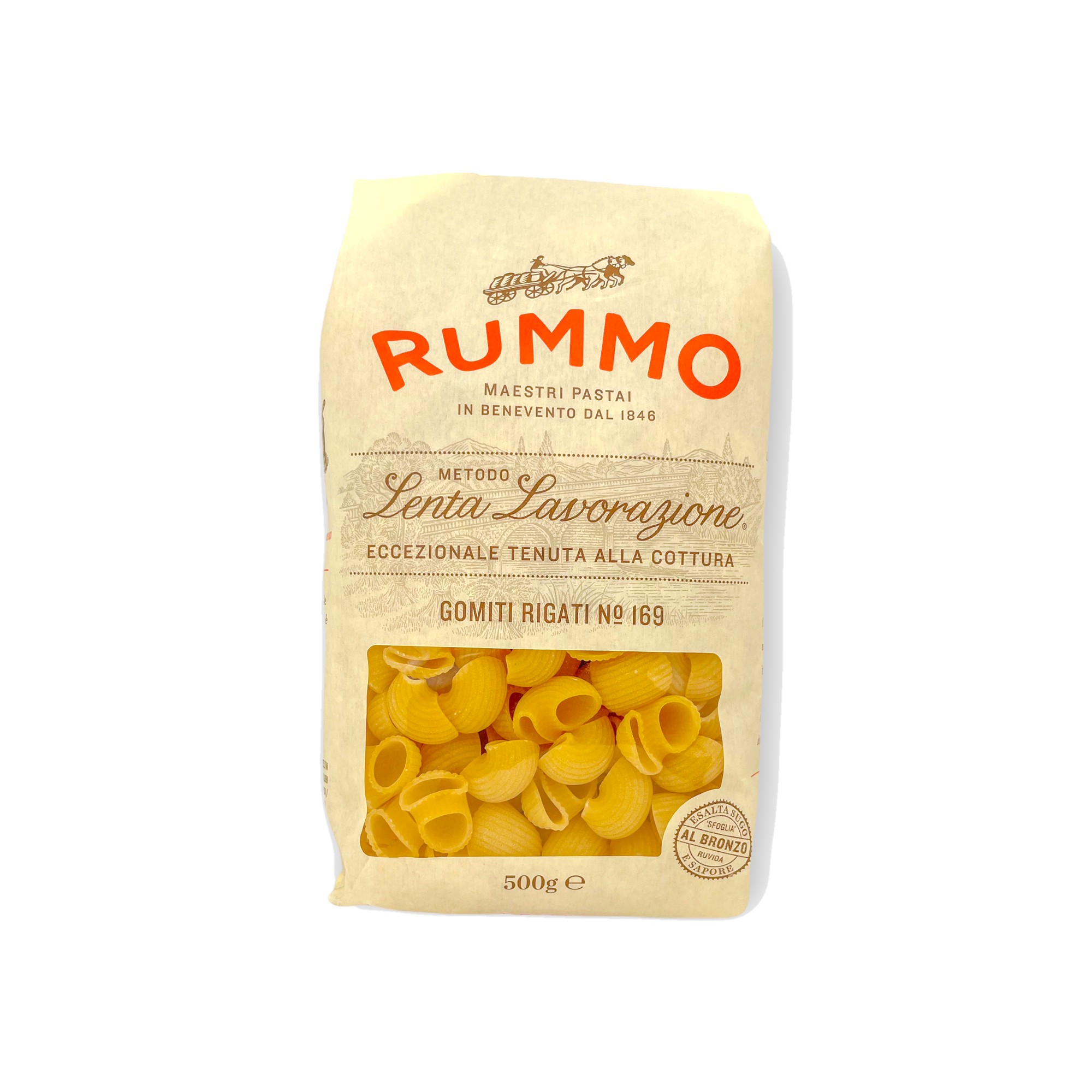 Vorderansicht 500g Packung Rummo Gomiti Rigati No. 169 – gebogene, geriffelte Hörnchennudeln.