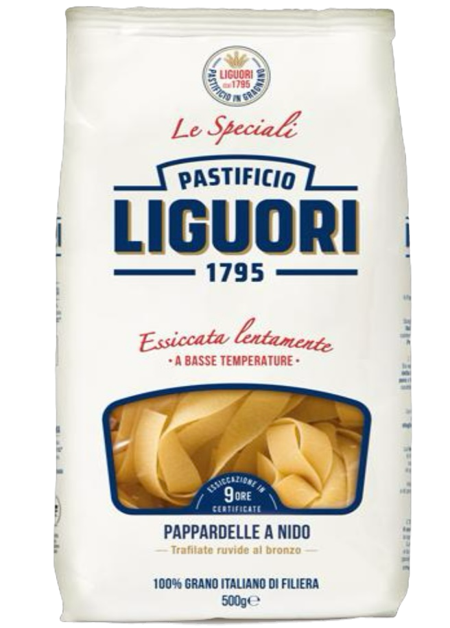 500g Packung Pastificio Liguori Pappardelle a Nido – breite Bandnudeln in Nestform aus Gragnano mit I.G.P. Siegel.