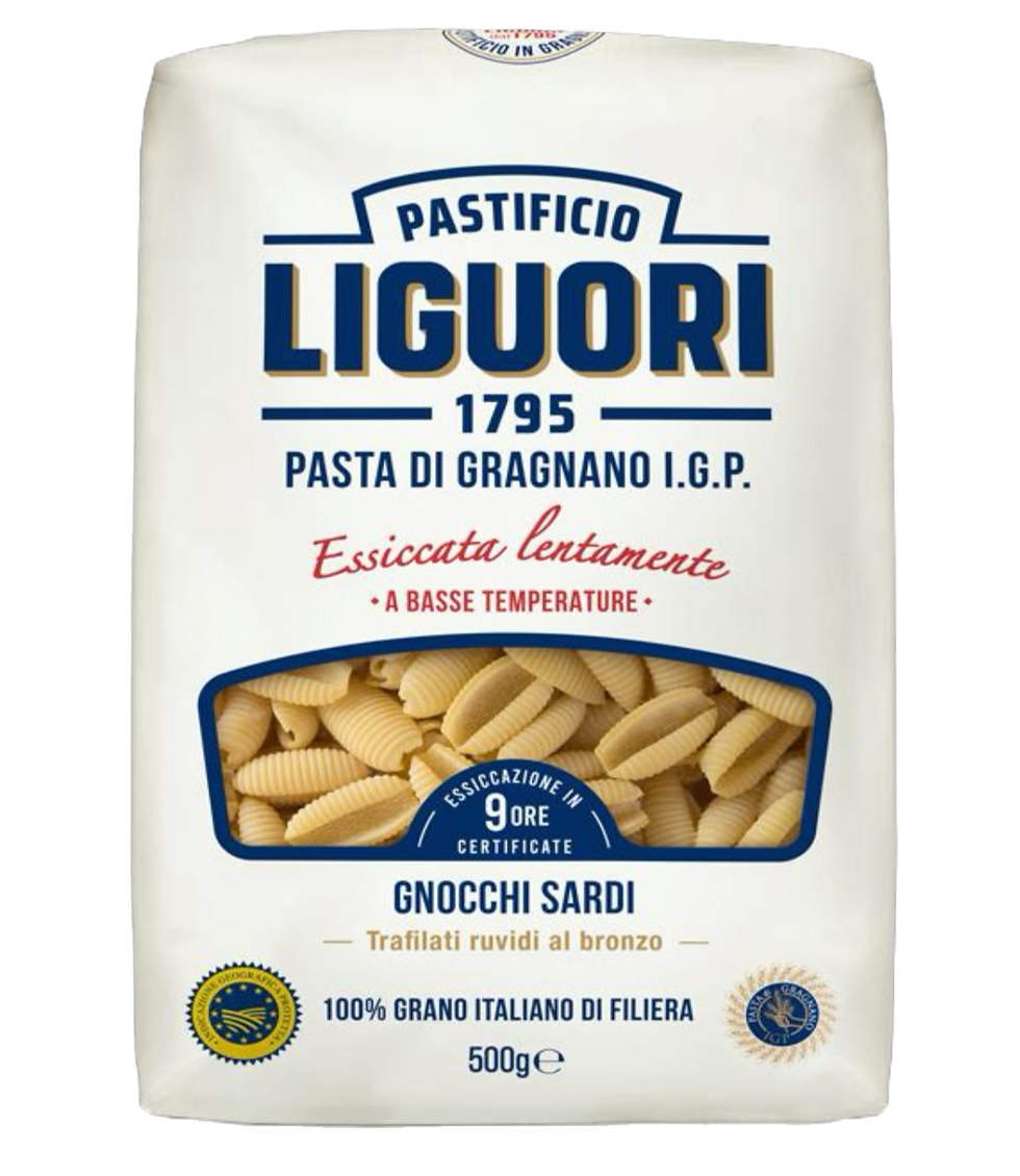 500g Packung Pastificio Liguori Gnocchi Sardi – kleine, muschelförmige Pasta aus Gragnano mit I.G.P. Siegel.
