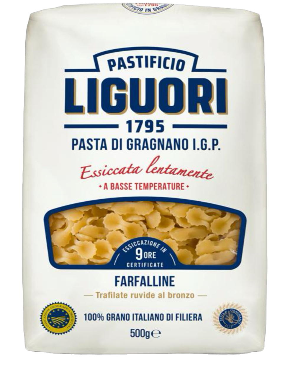 500g Packung Pastificio Liguori Farfalline – kleine Schmetterlingsnudeln aus Gragnano mit I.G.P. Siegel.