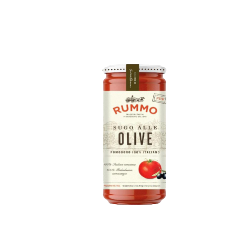 340g Glas Rummo Sauce mit Oliven – servierfertige italienische Tomatensoße mit Olivenstücken für Pasta.