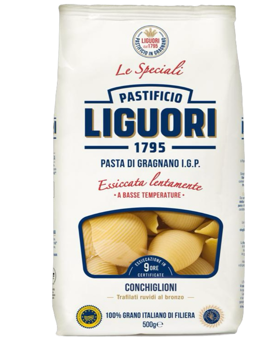 500g Packung Pastificio Liguori Conchiglioni – riesige Muschelpasta aus Gragnano mit I.G.P. Siegel.