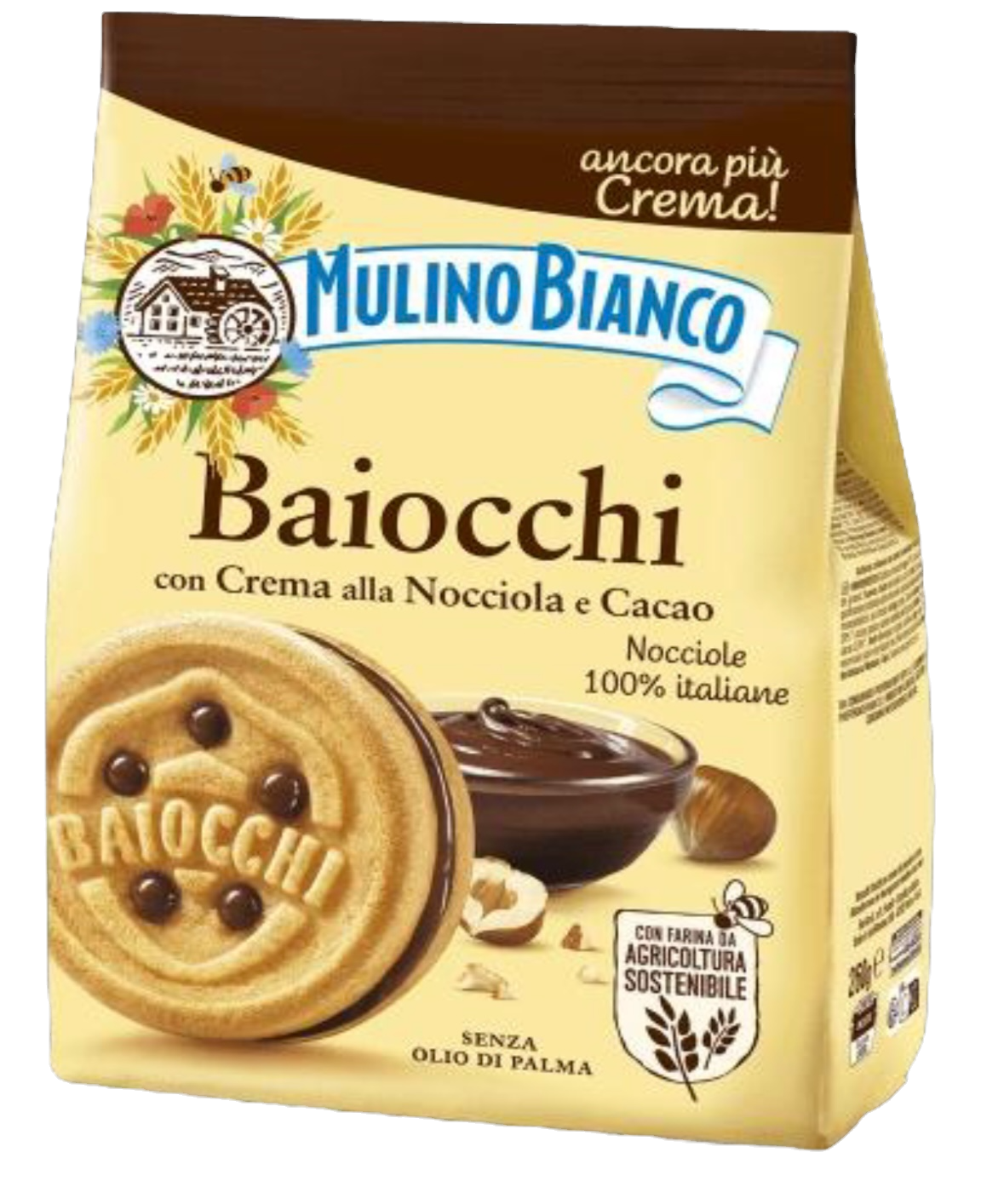 Packung Mulino Bianco Baiocchi – Italienische Doppelkekse mit Haselnuss-Schoko-Füllung.