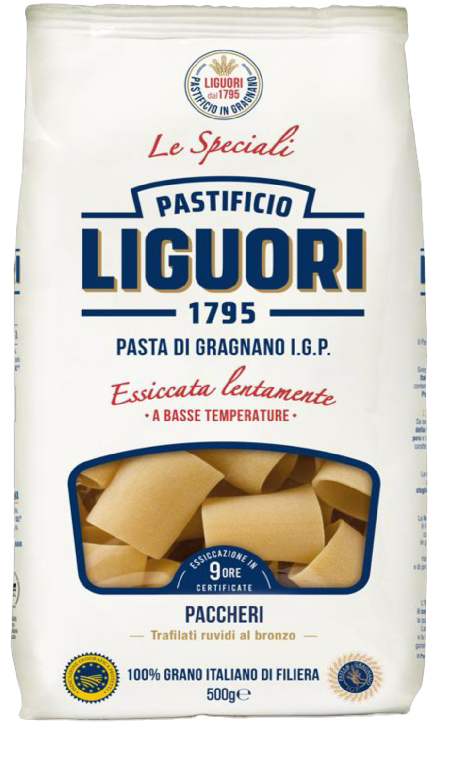 500g Packung Pastificio Liguori Paccheri – riesige Röhrennudeln aus Gragnano mit I.G.P. Siegel und rauer Oberfläche.
