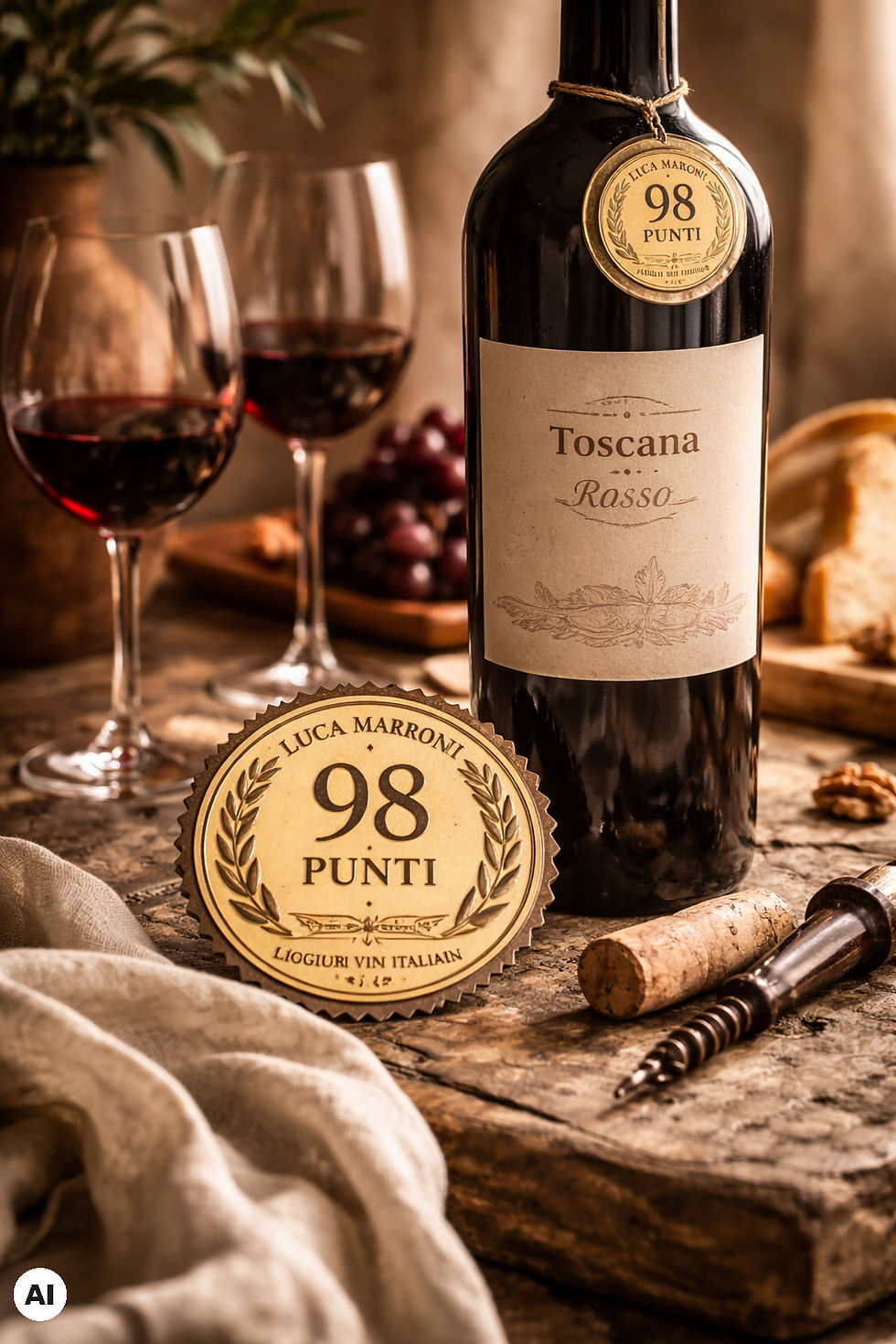 Weinflasche "Toscana Rosso" mit 98 Punkte-Auszeichnung, 2 Weingläser, Trauben und Brot auf rustikalem Holztisch, warme Atmosphäre.