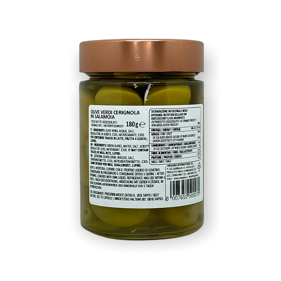 Cinquina - Grüne Oliven aus Cerignola (groß) 180g, Rückansicht