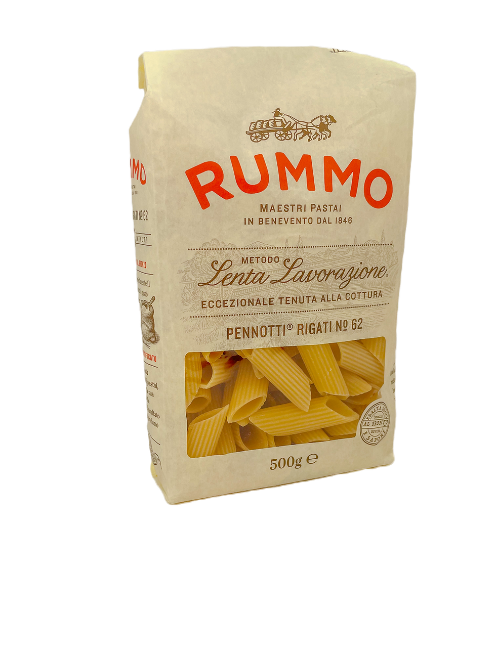 Vorderansicht 500g Packung Rummo Pennotti No. 62 – kurze, breite und geriffelte Röhrennudeln.