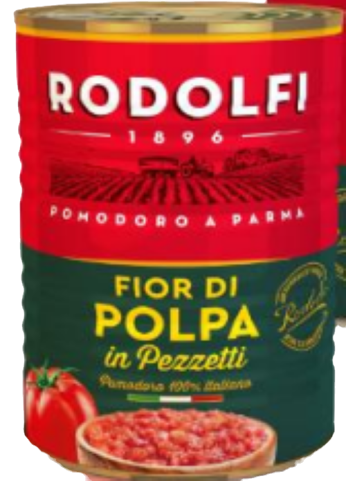400g Dose Rodolfi Fior di Polpa – besonders feines und cremiges Tomatenfruchtfleisch aus Italien.