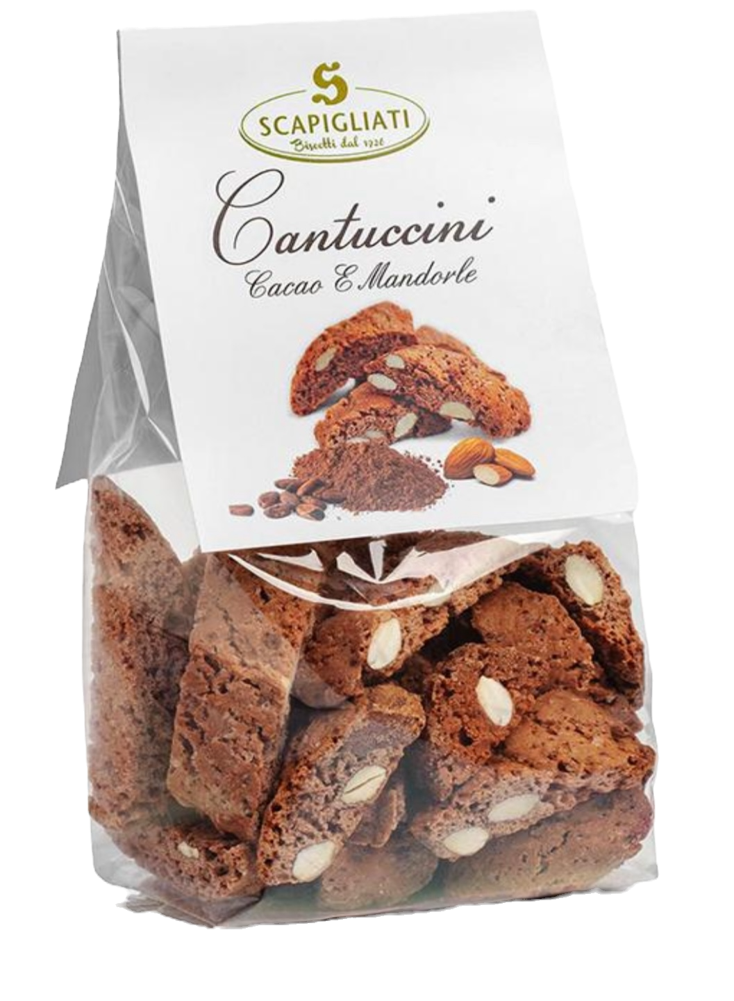 200g Packung Scapigliati Cantuccini Cacao e Mandorle – toskanisches Schokoladengebäck mit ganzen Mandeln.